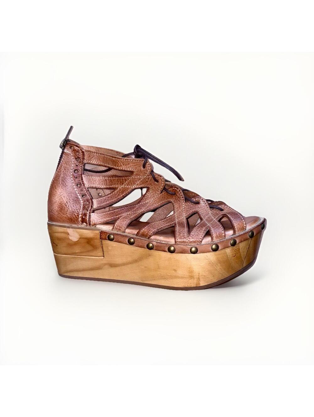 Bed Stu Leather Caged Platform Wedge Sandals Women’s Size 9.5 Brown